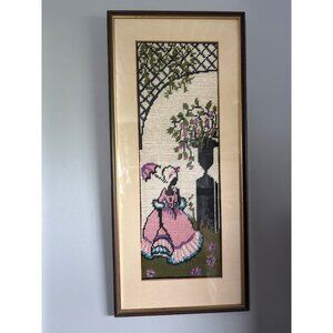 Vintage Framed Needlepoint Art of Victorian Lady 9.5" x 20" 1950s